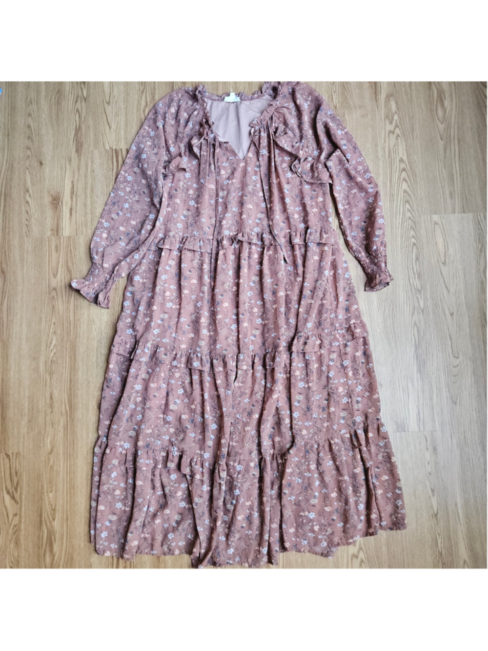 &merci Peasant Ditsy Floral Tiered Brown Boho Cottagecore Maxi Dress Large